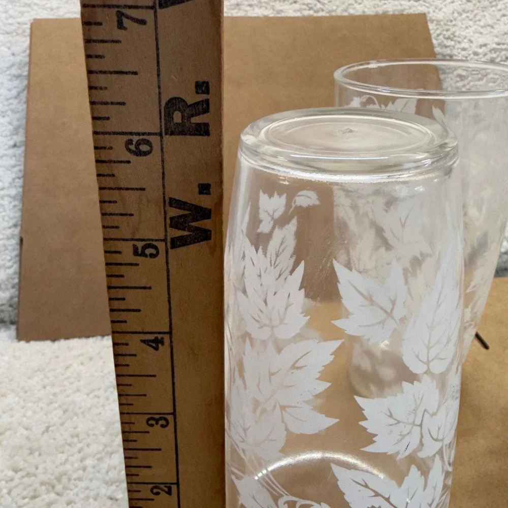 Vintage‎ Hazel Atlas Frosted White Maple Leaf Glass Tumblers Set of 4 MCM 6 inch